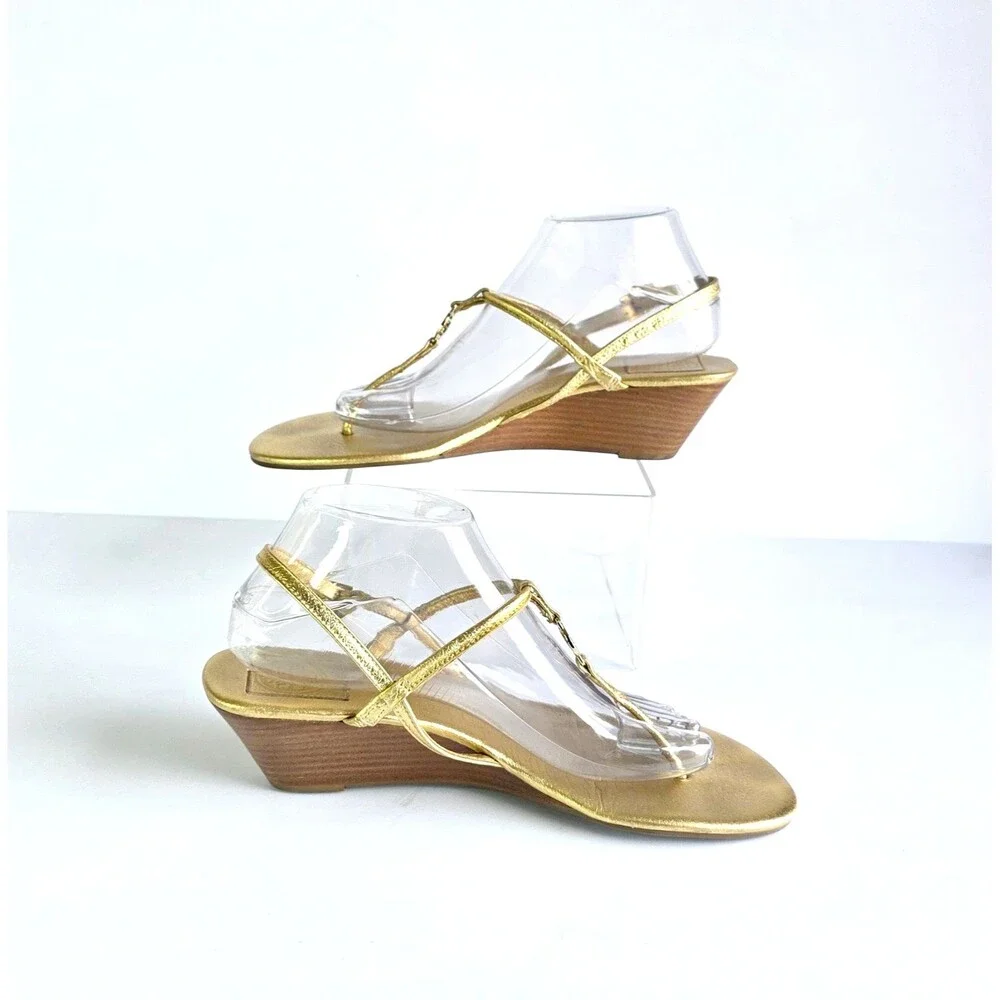 TORY BURCH Gold Emmy Wedge Sandals Metallic Leather Sz 10 Logo Ankle Strap